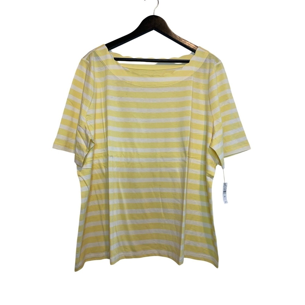 Talbots 100% Pima Cotton Yellow White Striped Scallop Neck T Shirt Top Women 3XP